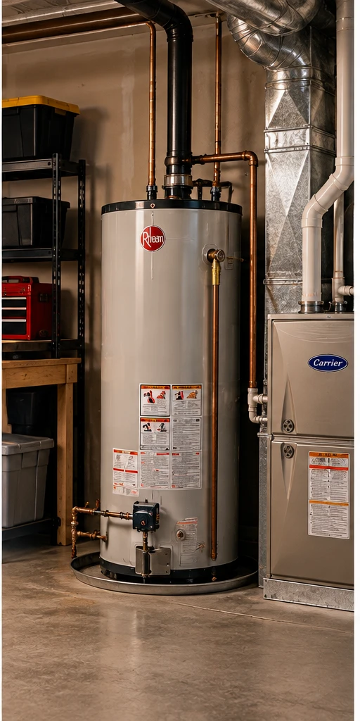 Water heater and furnace in a clean basement utility area