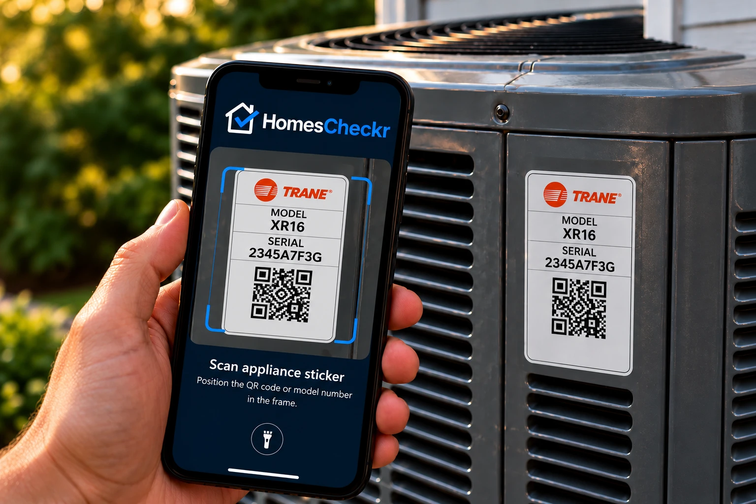 Phone scanning the model sticker on an outdoor AC unit with the HomesCheckr app